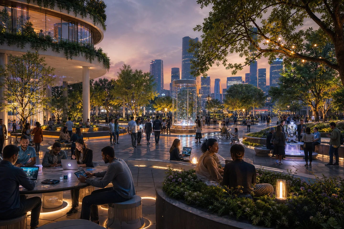 Comunidades diversas aprenden y colaboran en una plaza pública rodeada de naturaleza y tecnología.