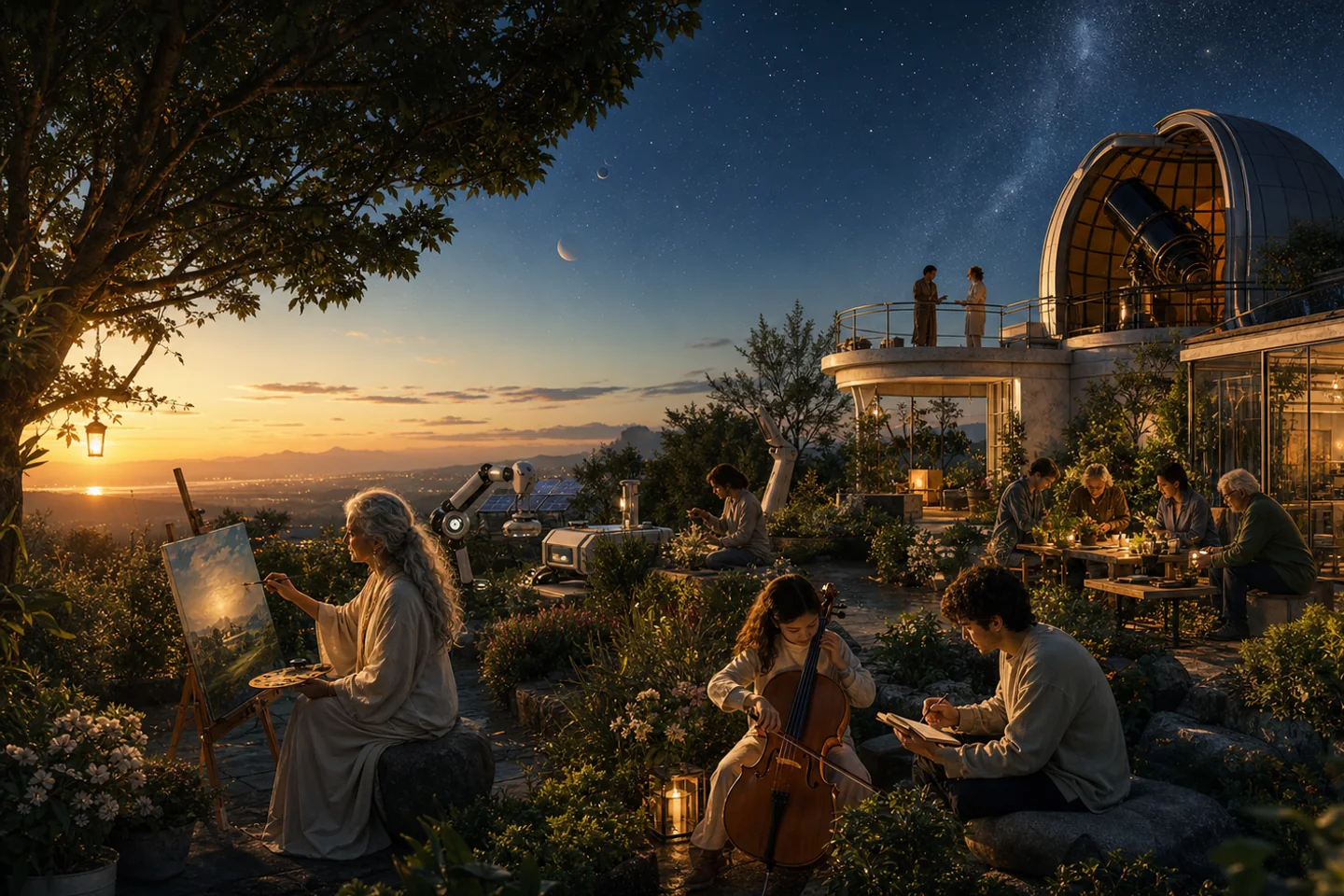 Personas de distintas generaciones crean arte, música y ciencia en un jardín con observatorio.