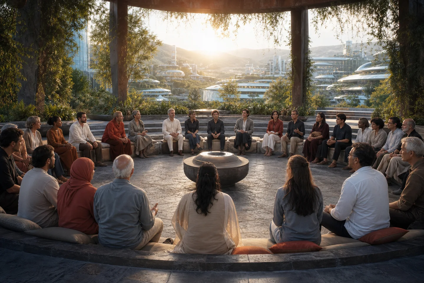 Una comunidad diversa conversa en un foro circular abierto a la naturaleza y a una ciudad del futuro.