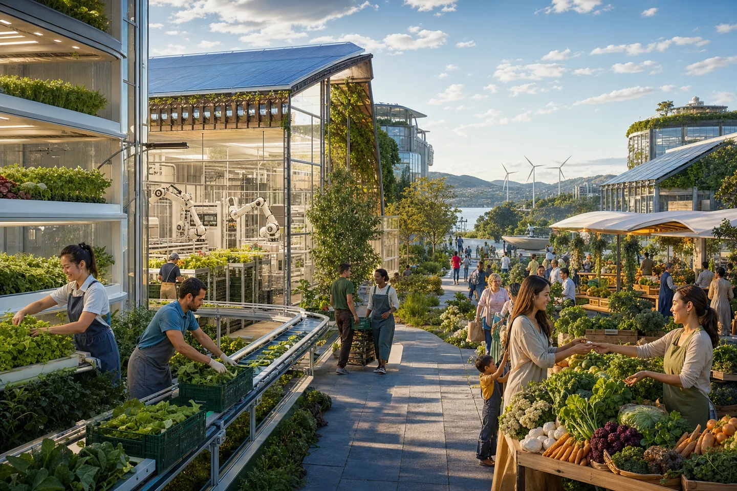 Una granja automatizada y regenerativa abastece a un mercado comunitario lleno de personas.